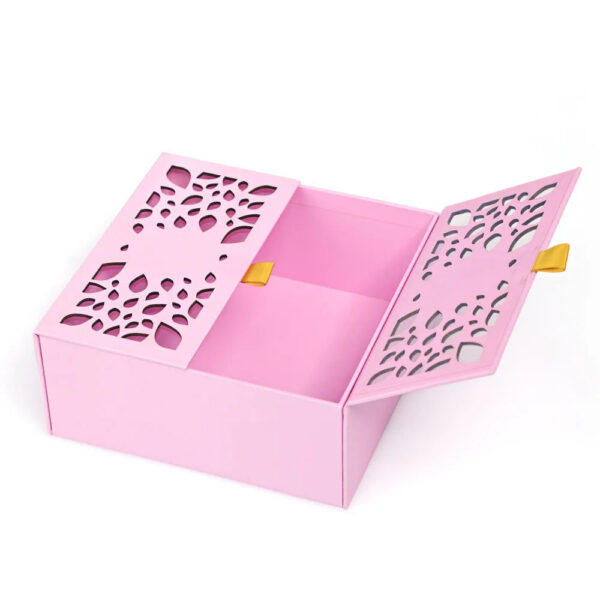 Pink Double Door Rigid Gift Box with Laser-Cut Leaf Lids Pink Double Door Rigid Gift Box with Laser-Cut Leaf Lids