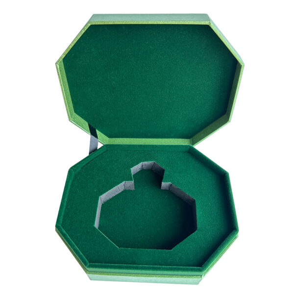 Confezione regalo aperta per profumo con inserto verde floccato per il flacone